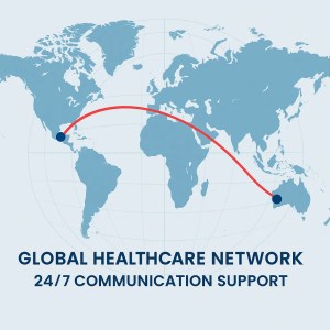 Global healthcare network connecting the United States and the Philippines to symbolize Caring One’s 24/7 communication support.